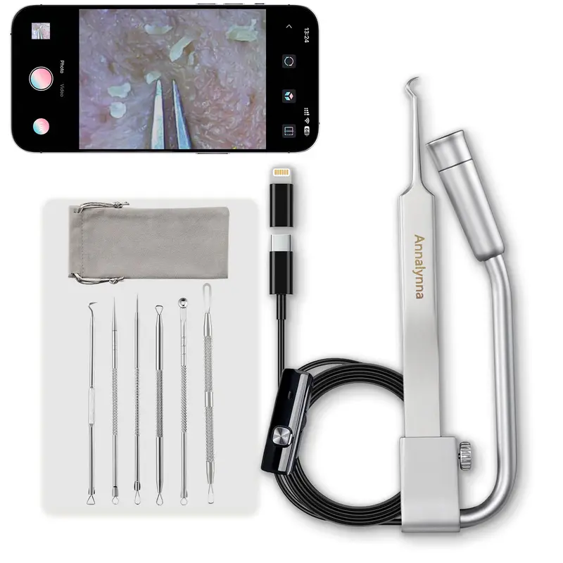 Annalynna Luma 1 — Pince à comédons avec caméra 20x (1080P, 8 LED) — Kit 6 pièces