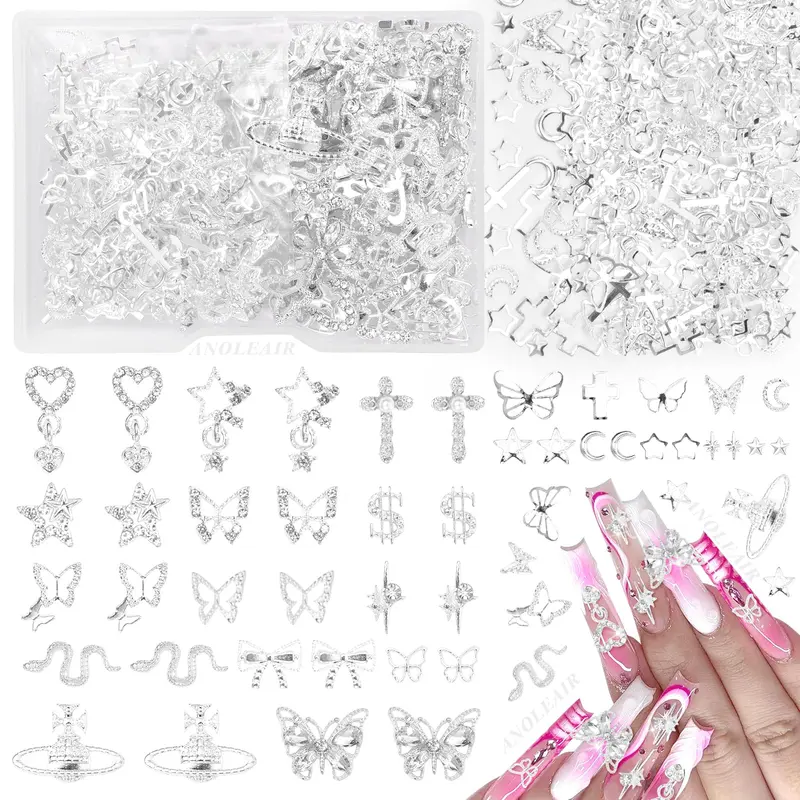 AnoleAir Charms Argent pour Ongles – Ensemble 320 Pièces Croix Dangle Étoiles et Bijoux 3D