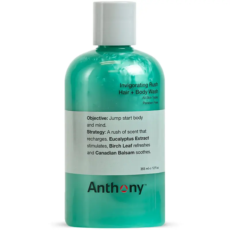 Anthony Gel Douche et Shampooing 2-en-1 Invigorant – Senteur Bois de Pin, Hydratation Eucalyptus et Feuilles de Bouleau, Charbon et Algues Marines, 12 oz
