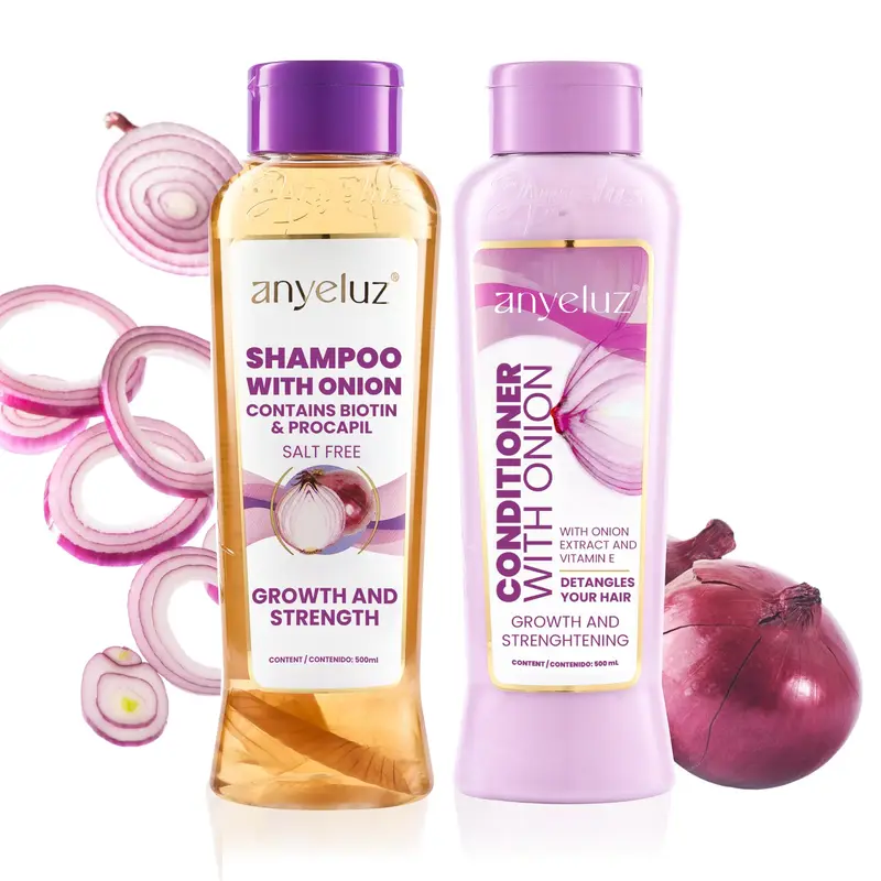 ANYELUZ Ensemble Shampoing et Après-shampoing à l'oignon – Sans sel et sans parabènes – Compatible avec les traitements à la kératine – Pour la pousse avec extrait d'oignon et biotine – 2 × 500 ml