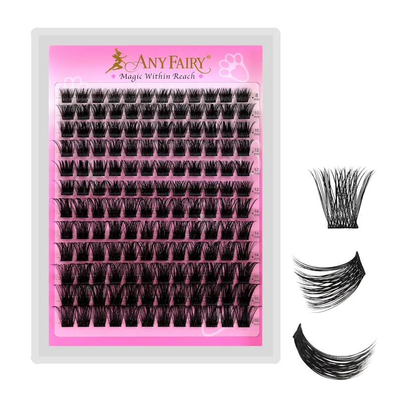 ANYFAIRY Grappes Cils 8–18 mm – 144 pièces, effet plume délicat, DIY facile pour débutants