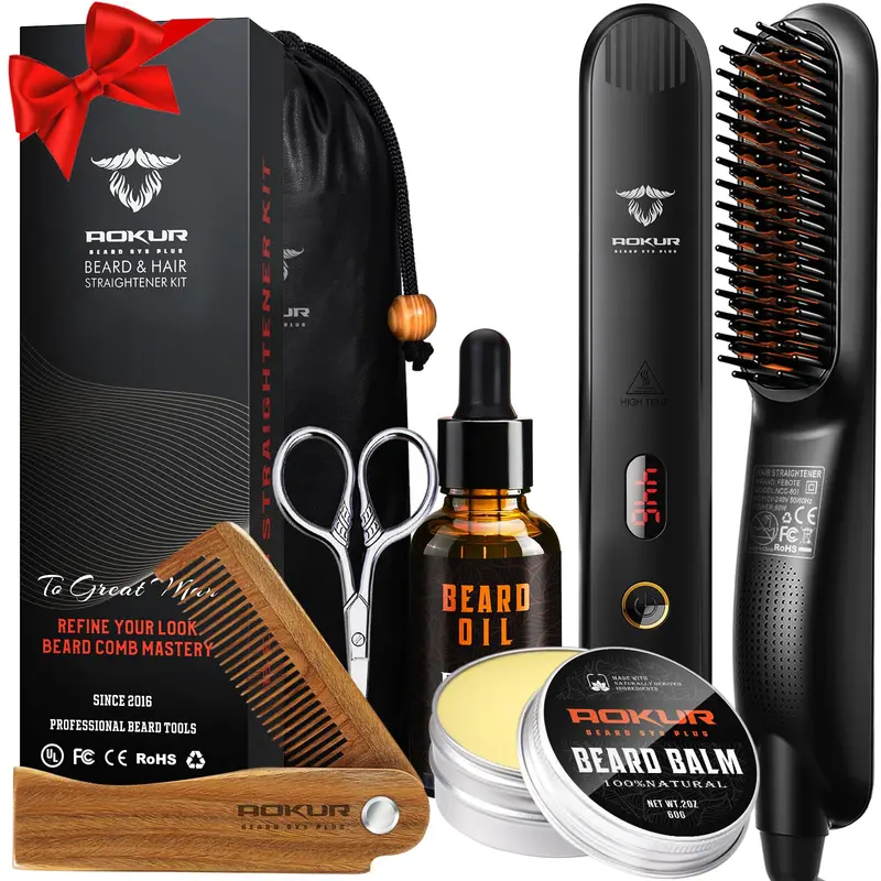 Aokur – Brosse Chauffante pour Barbe, 5 Températures, Anti-Scald – Kit Grooming Sandalwood, Huile & Baume