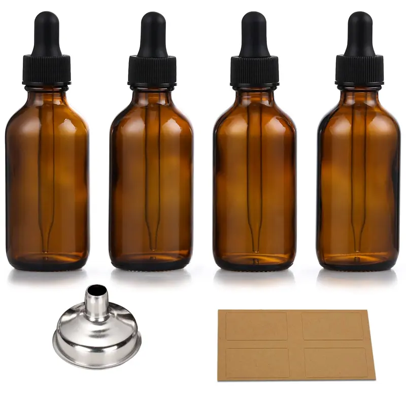 AOZITA - Lot de 4 flacons goutte‑à‑goutte en verre ambré 30 ml avec entonnoirs et étiquettes