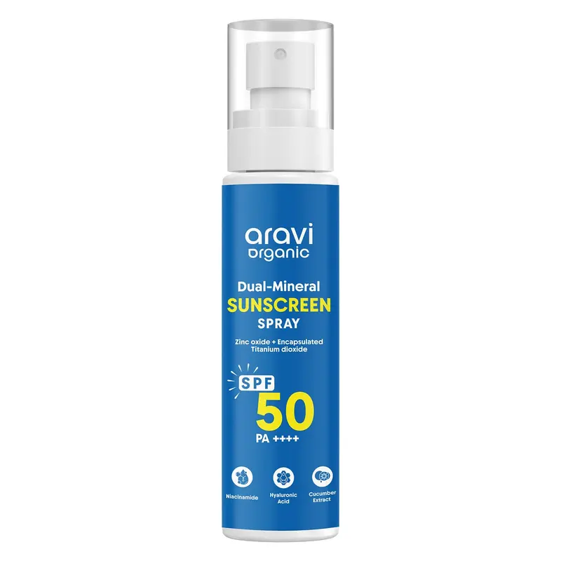 Aravi Organic Vaporisateur Solaire Minéral Double SPF 50 – Testé in vivo, Protection Large Spectre, Absorption Rapide – Visage et Corps – Oxyde de Zinc et Dioxyde de Titane – 3,38 FL Oz