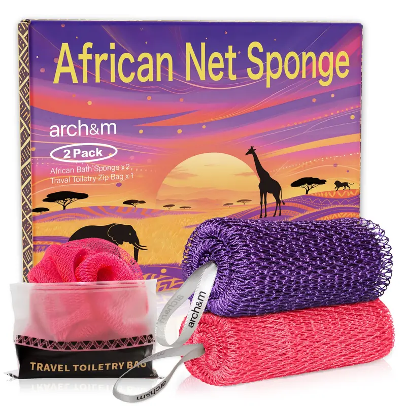 ARCH&M Éponge Africaine en Filet Authentique – Exfoliation Douce pour Corps (Violet et Rose)