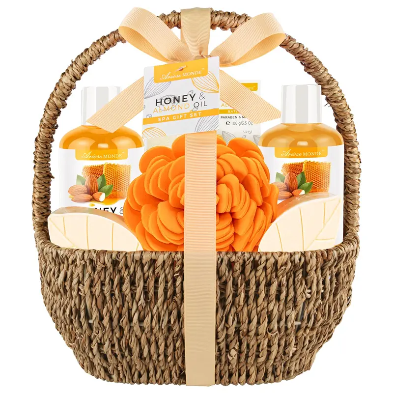 ArioseMonde Panier Cadeau Spa Bain – Gel Douche, Bain Moussant, Sel de Bain et Éponge (Miel et Amande, 8 pièces)