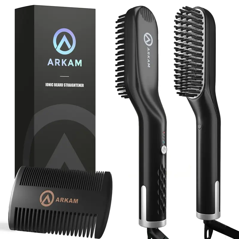 Arkam – Brosse barbe chauffante et liseur pour hommes | Kit original anti-brûlure et sac de voyage