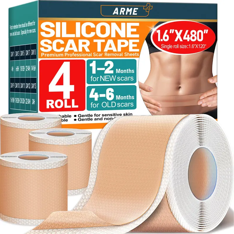 Arme Ruban Cicatrice Silicone – 4 Rouleaux, 480'' (12 mois) – Médical et Réutilisable