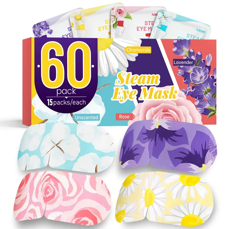 AROIC 60 Masques Oculaires à Vapeur – Chauffants et Détente (Lavande, Camomille, Rose)