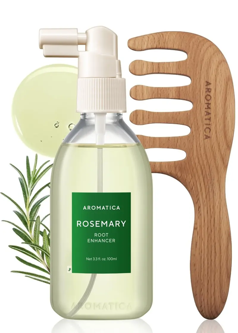 AROMATICA – Kit Améliorateur des Racines au Romarin et Masseur Cuir Chevelu en Bois – Sérum Romarin