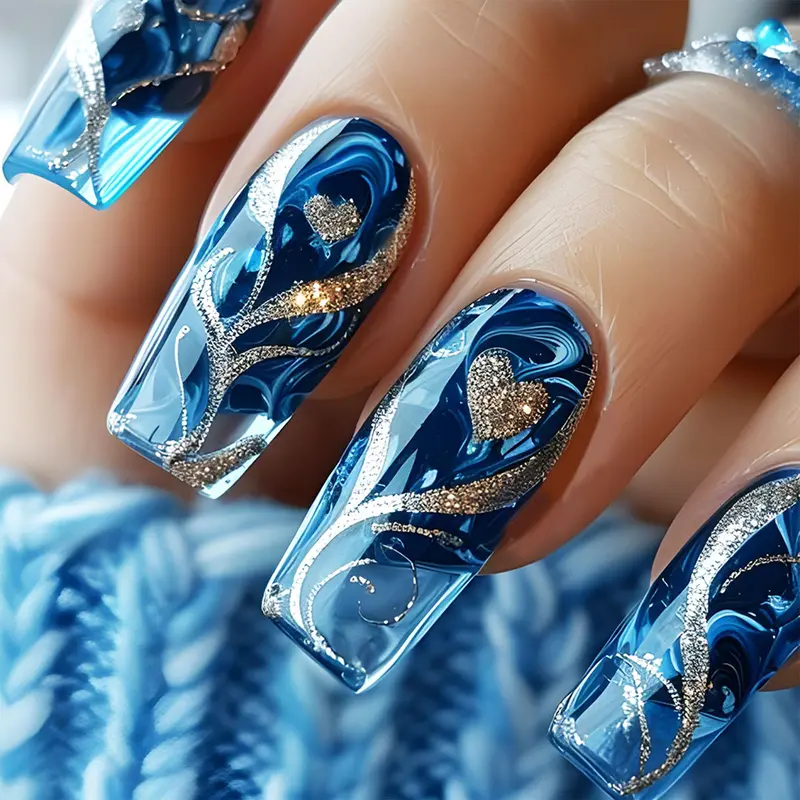 AROVFAM – 24 Ongles à Poser Or Courbe, Dégradé Bleu et Cœur – Kit Manucure Rapide