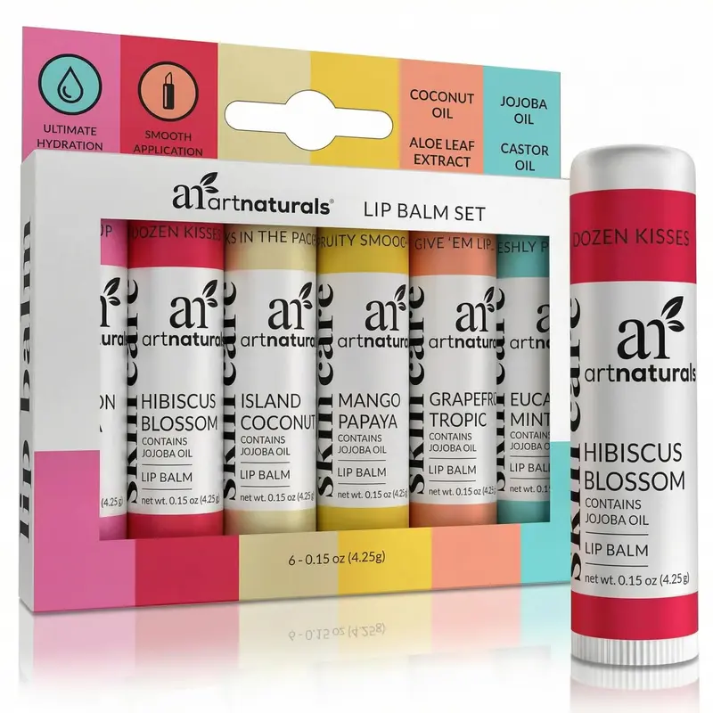 ArtNaturals Baume à Lèvres en Cire d’Abeille – Coffret 6 Parfums Hydratants (Coco des Îles, Aloe et Jojoba)