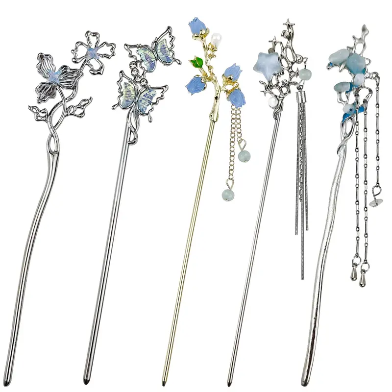 Arvintas – 5 Bâtons à Cheveux Papillon et Fleurs pour Chignon, Hanfu Vintage, Métal Argenté