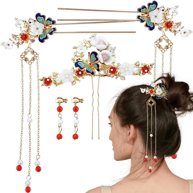 Aswewamt – 5 Pièces Bâtons Cheveux Papillon et Pivoine avec Cristal et Perle pour Hanfu, Coiffure et Mariage
