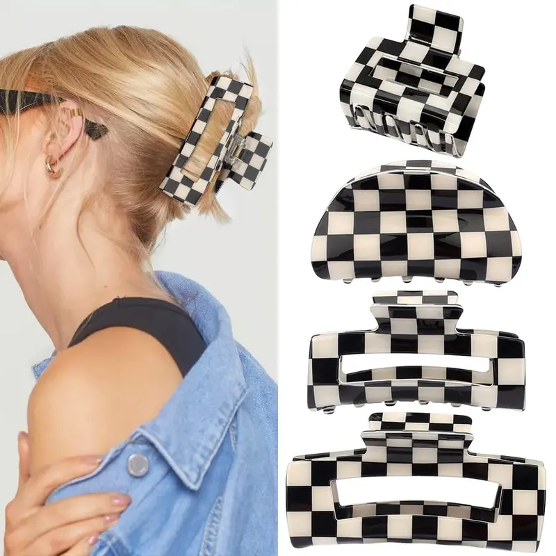 Atoden Clips Cheveux Carreaux – 4 Pinces Anti-Dérapantes Noir et Blanc (Grand/Moyen/Petit)