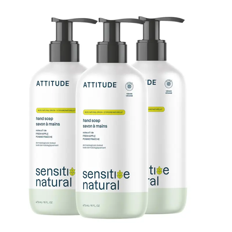 ATTITUDE Savon mains sensibles – Avoine et Huile d’Avocat, Vérifié EWG, Végan, Parfum Pomme Fraîche, Lot de 3 × 473 ml