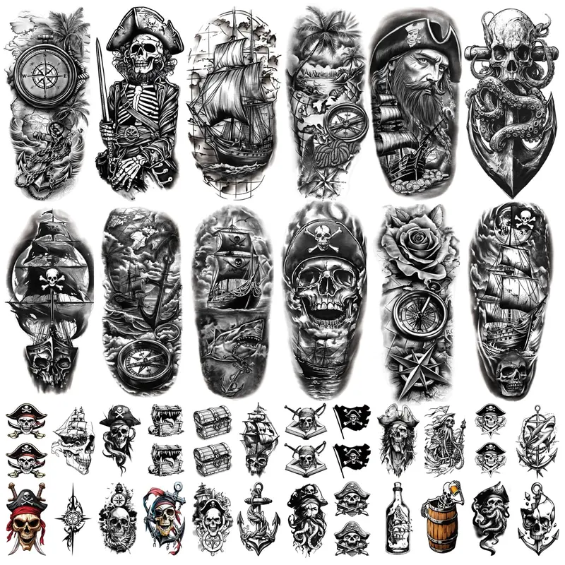 ATYDKUG – 77 tatouages temporaires pirates et motifs variés en formats grand et petit