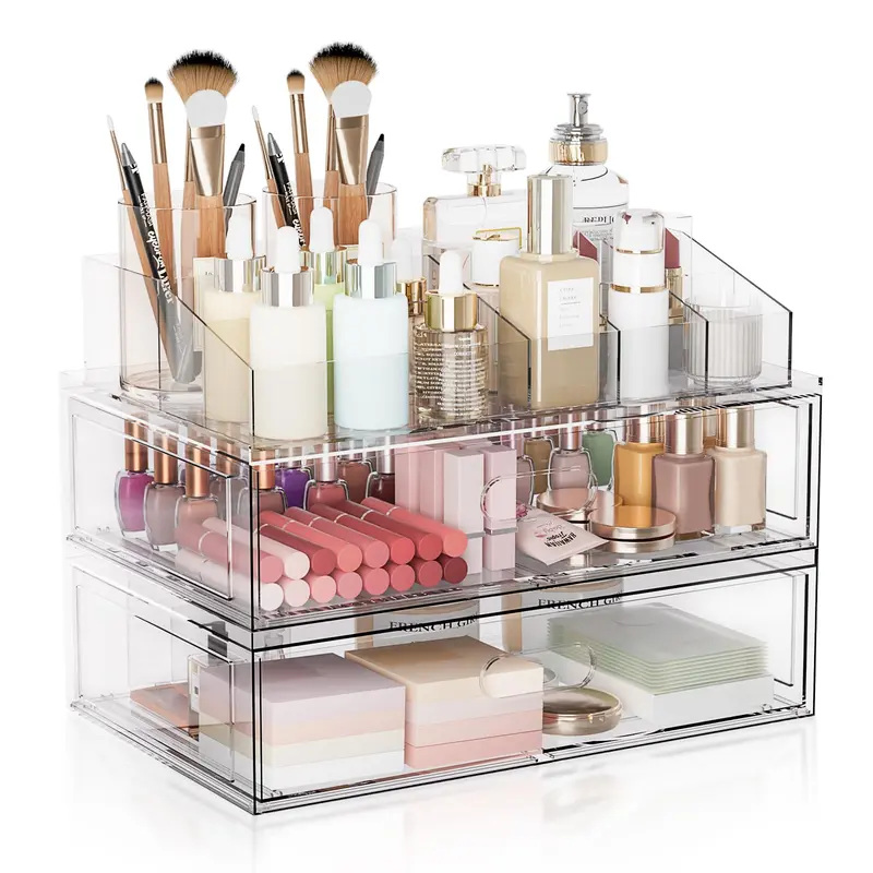 Aurblozen Organisateur Maquillage Transparent Empilable – Tiroirs Acrylique 12'' pour Vanity et Salle de Bain