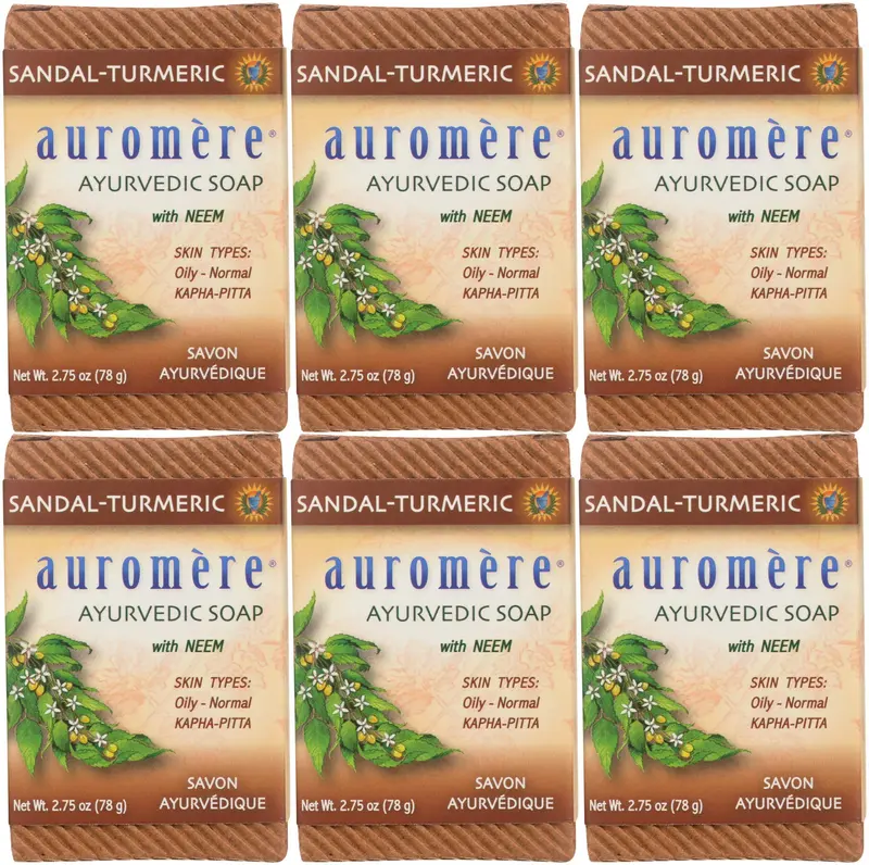 Auromere Savon Ayurvédique Santal Curcuma – Écologique, Fait Main, Végan, Non testé sur les animaux, Naturel, Non-OGM, Lot de 6 barres (~78 g chacune)