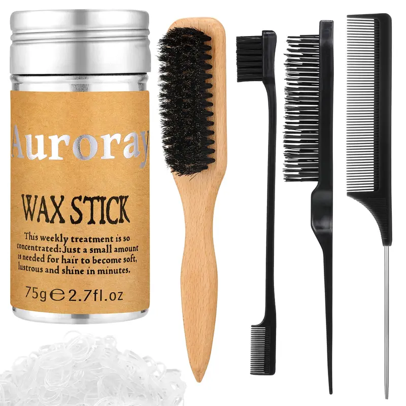Auroray - Brosse en poils de sanglier pour coiffage en arrière, cire capillaire et 500 élastiques