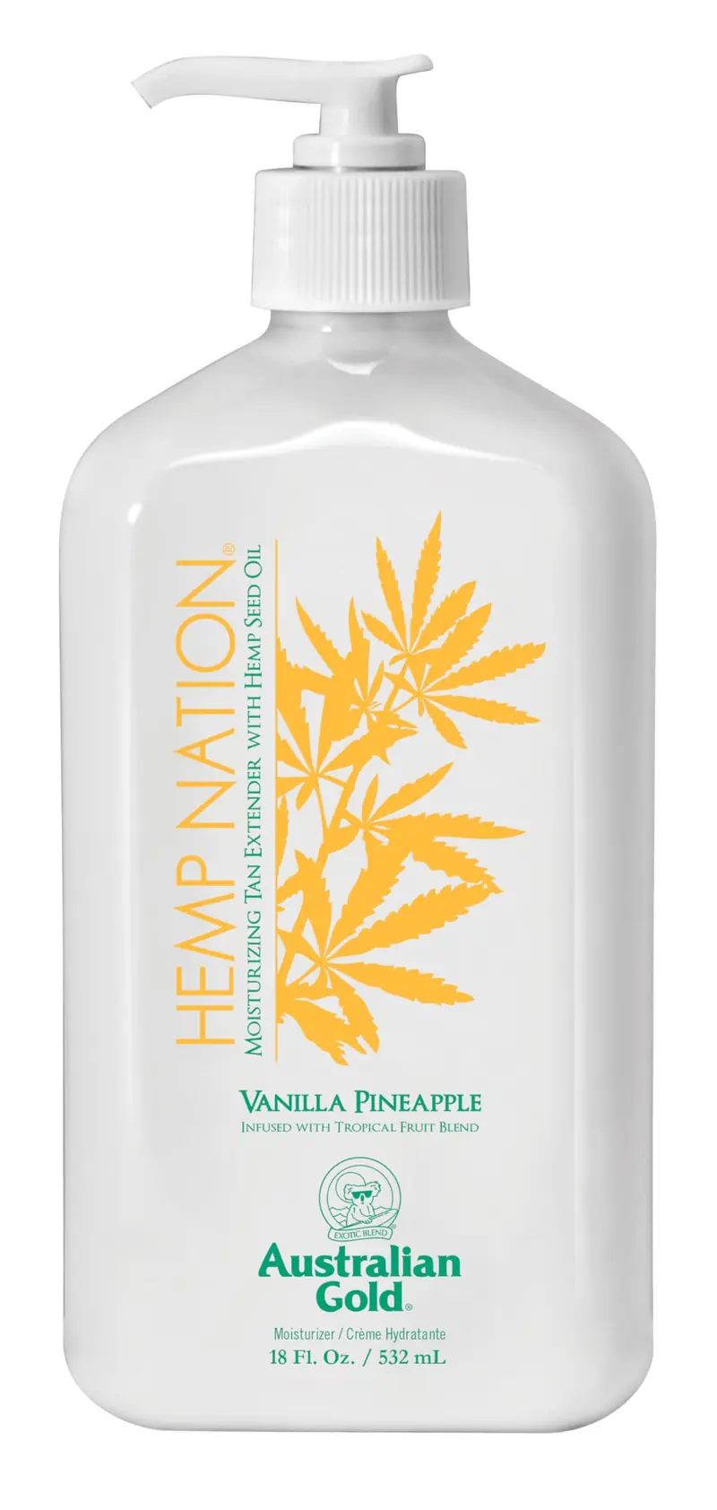 Australian Gold Hemp Nation Vanilla Pineapple Lotion prolongatrice de bronzage, 18 oz – Antioxydants et vitamines, micro-perles à effet flou, huile de chanvre, hydratation, sans THC ni parabènes