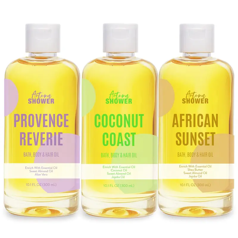 Autumn Shower – Huiles de Bain Multiusage (Pack Trio 30 oz) – Amande Douce, Lavande et Coco – Soin Corps et Cheveux