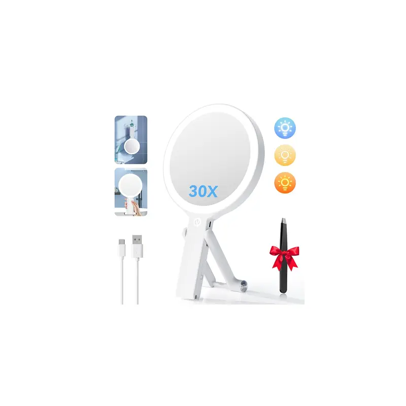 Auxmir Miroir de Maquillage de Voyage avec Lumière – Double Face 30X/1X, 3 en 1, Rechargeable