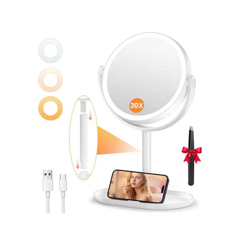 Auxmir Miroir Maquillage avec Lumières – 30x/1x, 3 Températures, Rechargeable, Rotation 360°