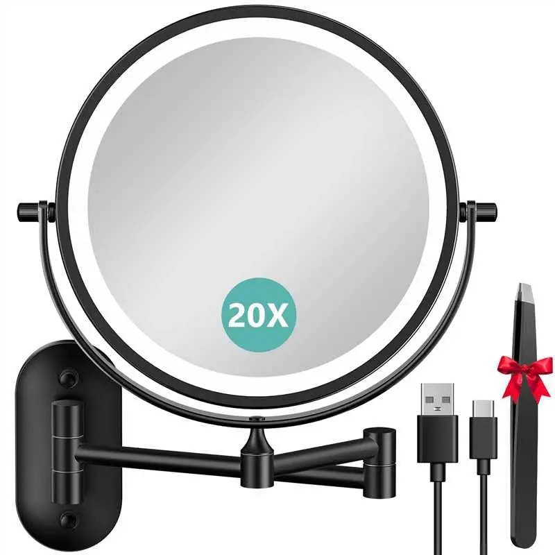 Auxmir Miroir Maquillage Mural 8 pouces – 1X/20X, Lumière 3 Couleurs, Rechargeable 3200mAh, Bras Pivotant 360°, Noir