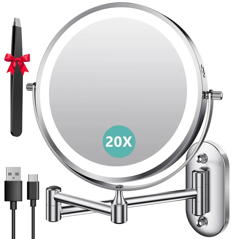 Auxmir Miroir Mural Éclairé 8'' – Double Face 1X/20X, LED Tactile, 3 Couleurs, Rechargeable 3200mAh, Chrome