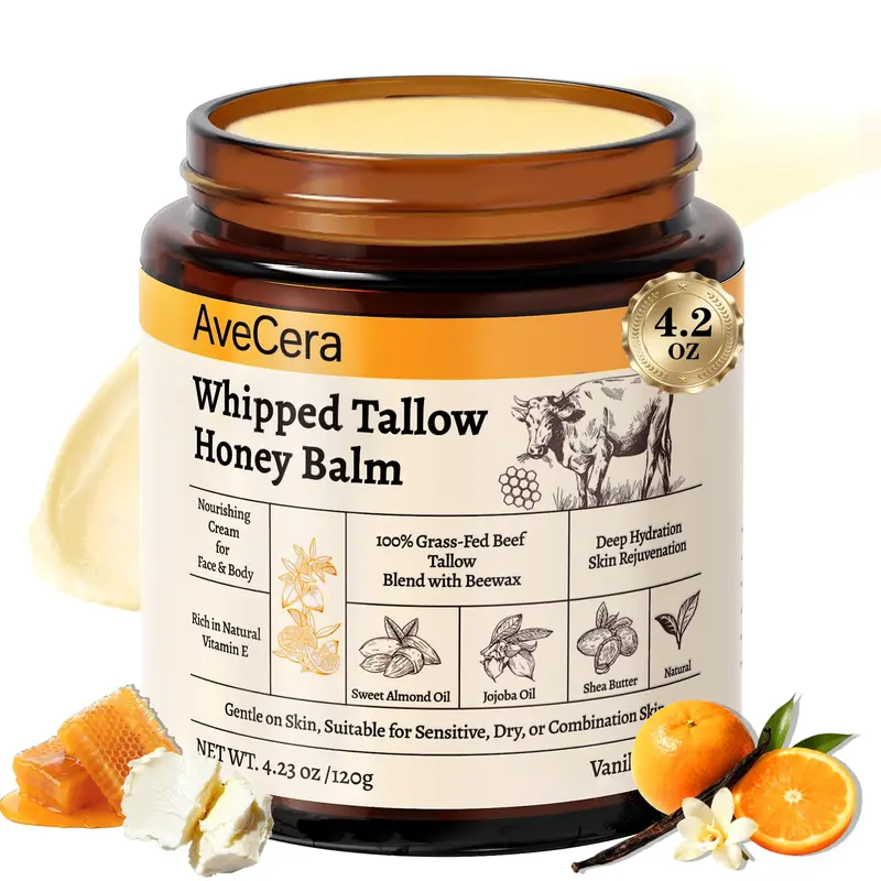 AveCera Baume Graisse de Boeuf et Miel (Vanille Orange) – 120 g Hydratation Visage et Corps