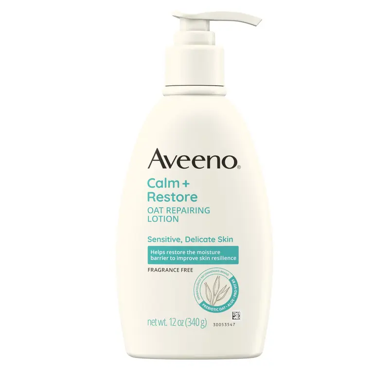 Aveeno Calm + Restore Lotion Corps Sans Parfum – Hydratation Douce pour Peau Sensible, Avoine Prébiotique, Aloe & Pro‑Vitamine B5 – 12 oz