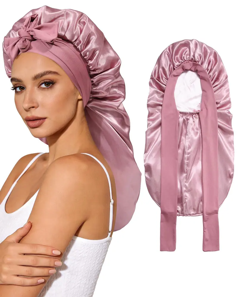 AWAYTR Bonnet Satin Long Double-Couche Réversible pour Cheveux Longs – Rose Or