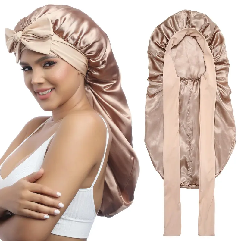 AWAYTR Bonnet Satin Long pour Femme – Double Couche, Elastique et Lien à Nouer (Champagne)