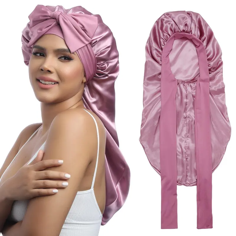 AWAYTR Bonnet Satin Long pour Femmes – Double-Couche Élastique, Bonnet de Nuit à Lien (Rose Doré)