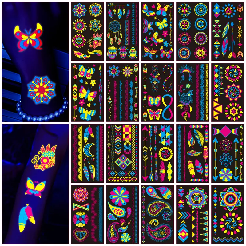 AWINMAY 160 Tatouages Temporaires Néon UV – Glow Blacklight, 20 Feuilles
