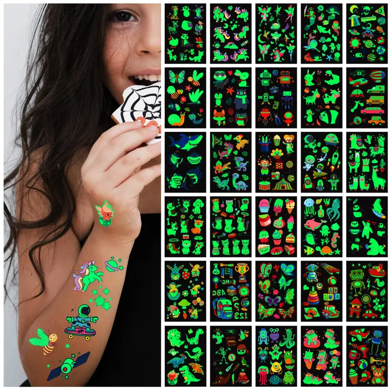AWINMAY Tatouages Temporaires Lumineux pour Enfants – 400 Motifs, Brillent dans le Noir, 30 Feuilles