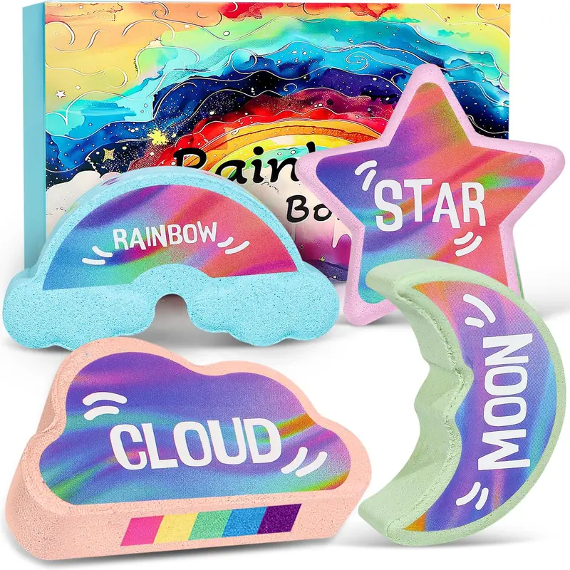 AWKUWA Bombe de bain arc-en-ciel pour enfants – 4 pièces, naturelle et artisanale | Cadeau Pâques et Saint-Valentin