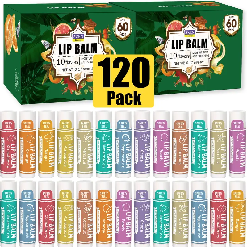 AZEN 120 Pack Baume Lèvres Naturel – Soin Hydratant en Lot, 10 Saveurs