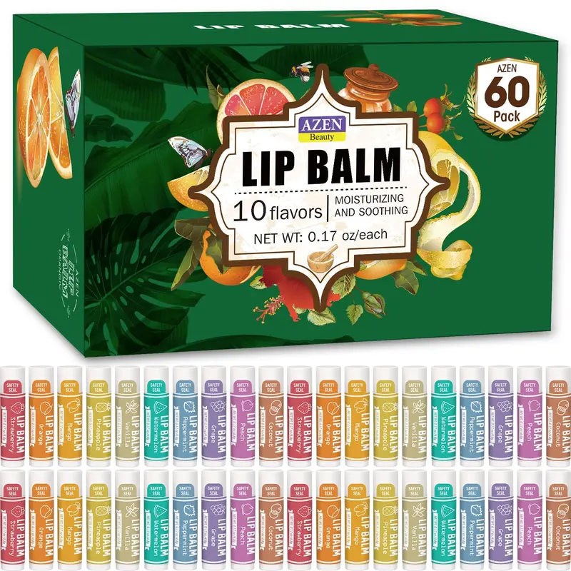 AZEN Baume à Lèvres Naturel – Lot de 60, 10 Saveurs | Hydratant Sans Paraben