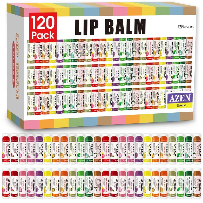 AZEN Lot de 120 Baumes à Lèvres Naturels | Soin Hydratant pour Lèvres Sèches - 12 Saveurs