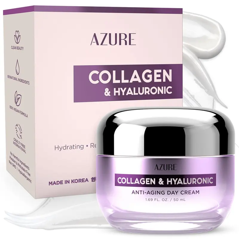 Azure Cosmetics Crème Hydratante Visage Collagène & Acide Hyaluronique – Testée Dermatologiquement, Anti-Rides, Hydratation Intense – Soin Coréen pour Tous Types de Peau – 50 ml