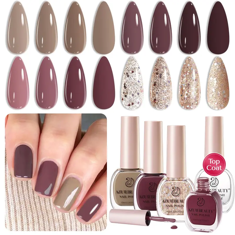 AZUREBEAUTY Coffret Vernis 4 Couleurs Neutres, Violet et Paillettes – Séchage Rapide