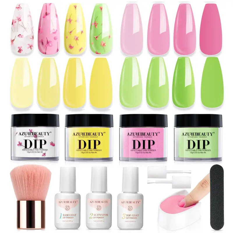 AZUREBEAUTY Dip Powder Kit Jaune Brillant – Base, Activateur et Finition, Fleurs Sèches pour Manucure à Domicile