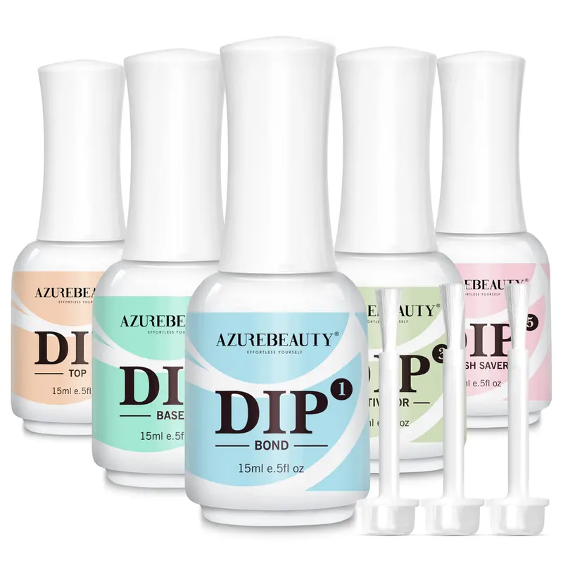 AZUREBEAUTY Ensemble liquides poudre dip 5 pièces – Base, Vernis supérieur, Liant, Activateur et Prolongateur de Brosse 15 ml
