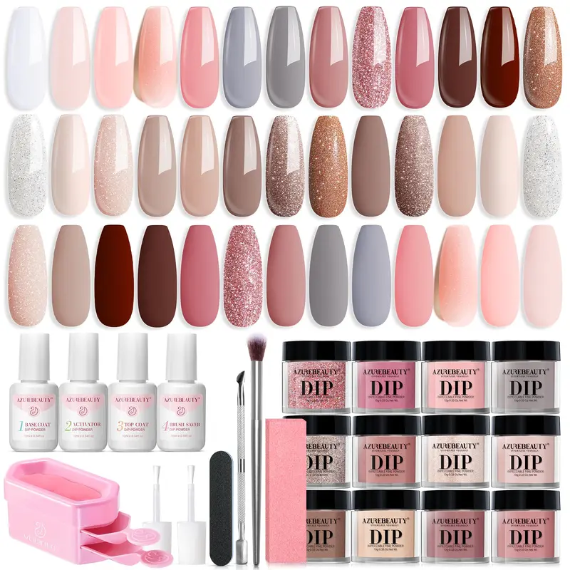 AZUREBEAUTY Kit Dip Poudre 31 Pièces – 20 Couleurs Nude avec paillettes – Base, Couche de finition et Activateur – Manucure à faire soi-même
