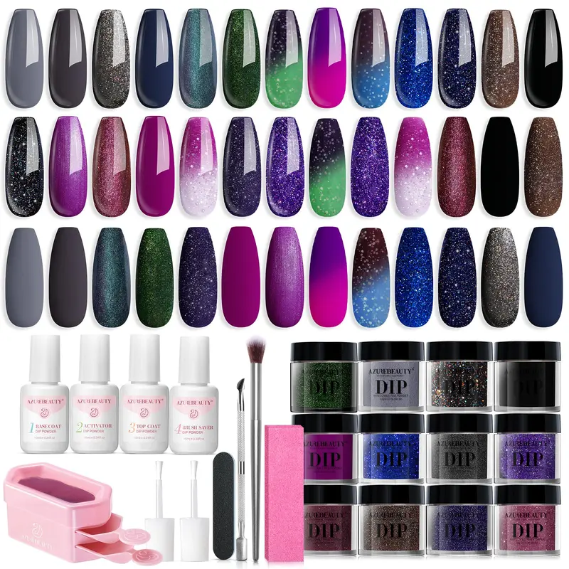 AZUREBEAUTY Kit Dip Powder – 20 Couleurs Étincelantes, Base/Top Coat, Activateur