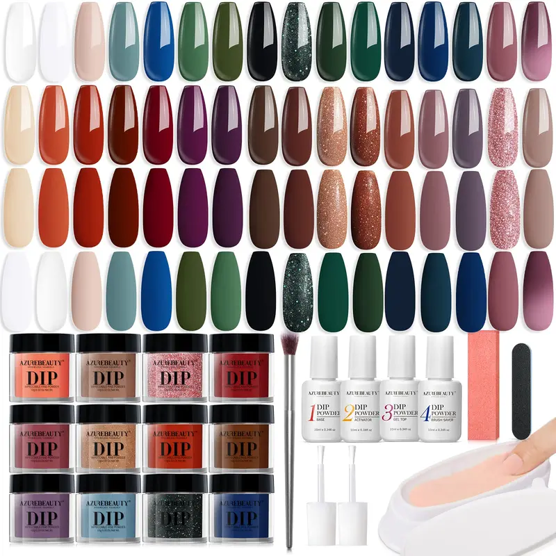 AZUREBEAUTY Kit Dip Powder 42 Pièces – 32 Couleurs + Base/Top Coat + Plateau de recyclage