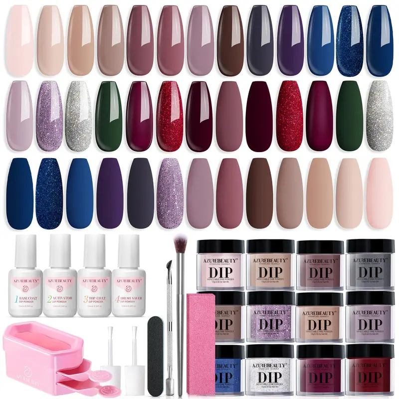 AZUREBEAUTY Kit Poudre d’Immersion – 20 Couleurs Nude et Glitter – Base, Top et Activateur Inclus – Manucure à Domicile