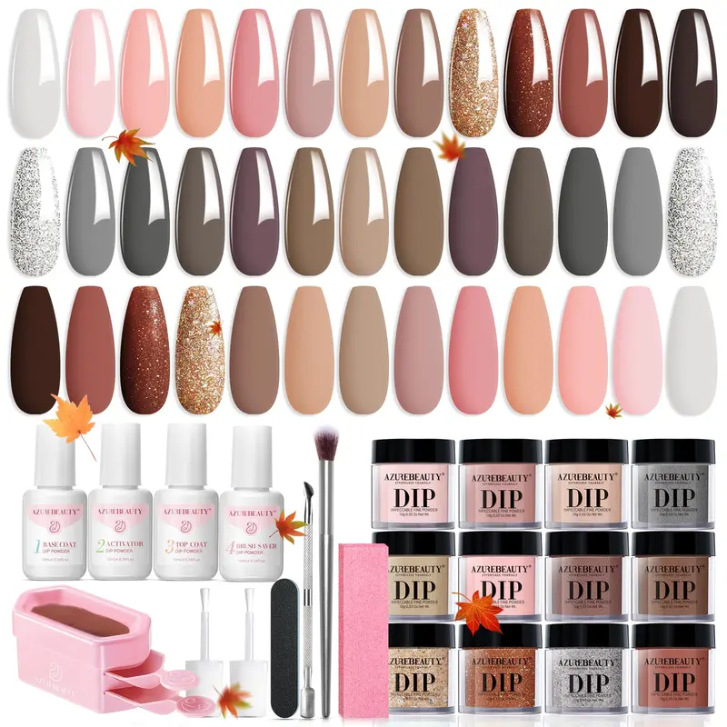AZUREBEAUTY Kit Poudre Dip – 20 couleurs nude chocolat et paillettes, Base et Top coat, Activateur – Manucure salon à domicile